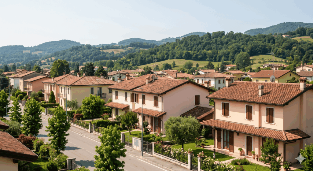 Quartiere residenziale immerso nel verde a Collebeato, ai piedi delle colline bresciane, con case indipendenti disponibili all'asta.