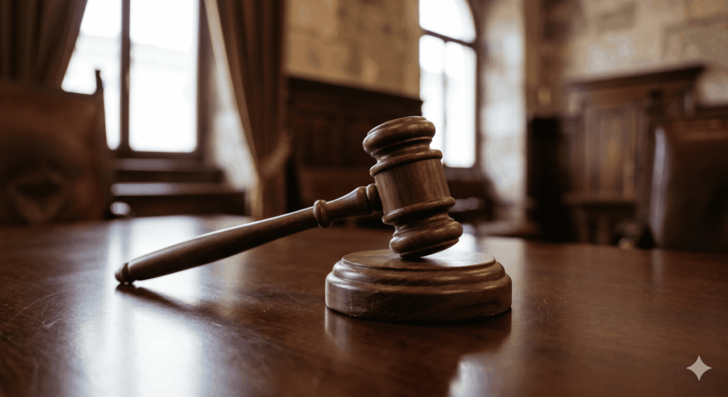 Dettaglio di un martelletto del giudice in un’aula di tribunale, simbolo delle aggiudicazioni immobiliari a Brescia.