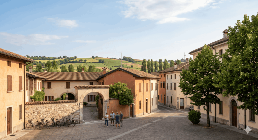 Scorcio di un borgo nella Bassa Bresciana a Dello, con tipiche case di corte e rustici disponibili alle aste immobiliari.