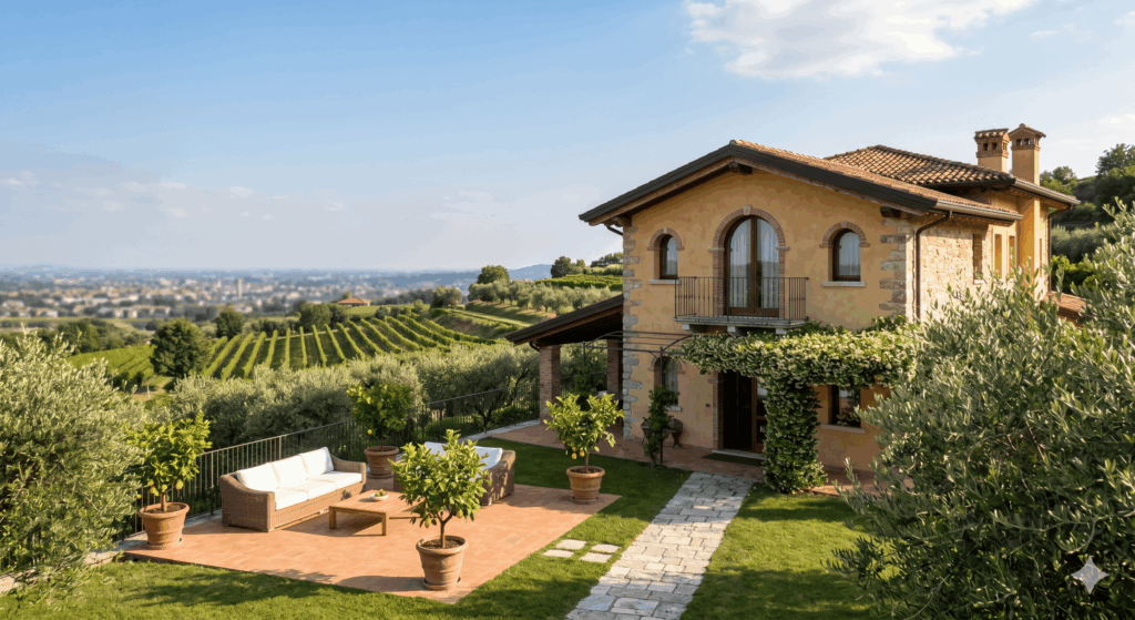 Villa di pregio con giardino e vista sui vigneti della Franciacorta a Cellatica, disponibile all'asta giudiziaria.